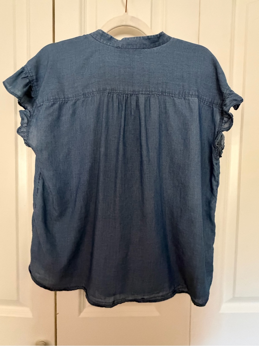 LOFT Blue Ruffle-Trim Chambray Button-Down Top - Picture 3 of 3